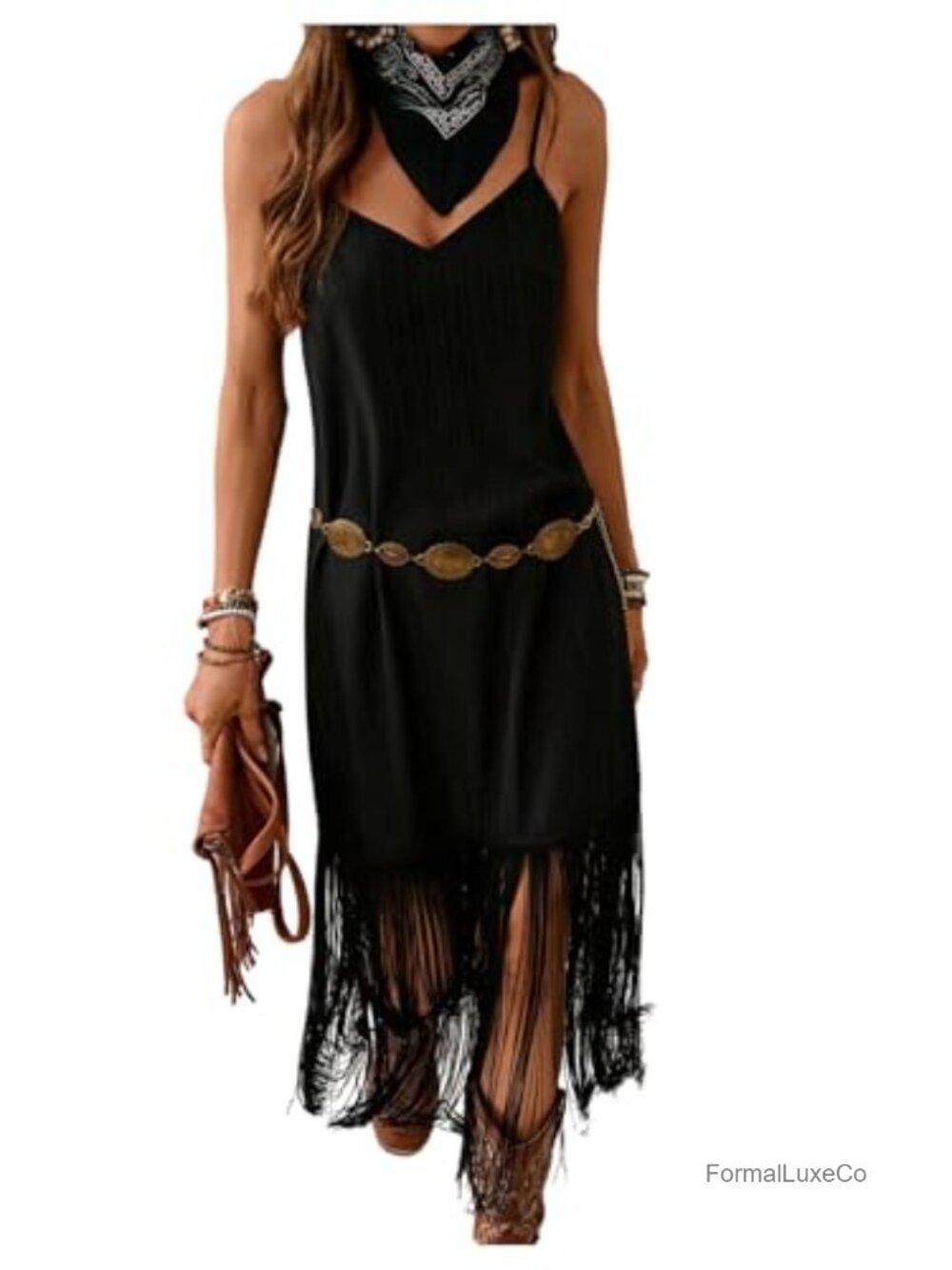 Verdusa Western Fringe Dress Deep V Neck Boho Maxi Cowgirl Country Concert
